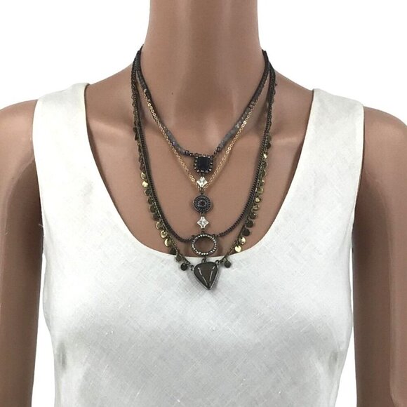 Freedom Necklace Tier Layered Black Silver Tone Rhinestone Fringe Adjustable Len - Picture 2 of 2